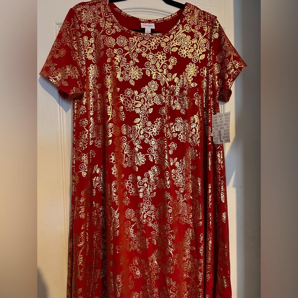 LuLaRoe Elegant Carly Dress Red Gold Large New Christmas
